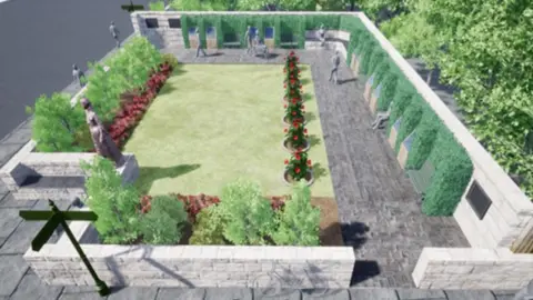 Poet's Neuk An artist's impression of the plans for the garden in St Andrews. There is a statue of Mary, Queen of Scots on the left side. There is a central patch of grass surrounded by flowers and trees in red and green. A white wall surrounds the garden.
