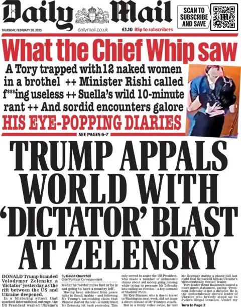 Daily Mail headline reads: Trump appals world with 'dictator' blast at Zelensky