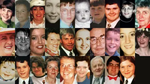 BBC Collage of the 29 victims of the Omagh Bombing plus two ultrasounds of foetuses.