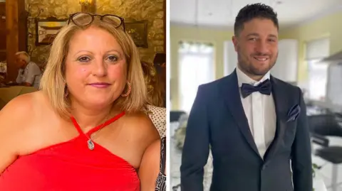 Family handout Maria Ricotta is wearing a red dress and appears to be sitting in a restaurant. She has blonde hair and is wearing make-up. To the right is her son Giuseppe Morreale, who is wearing a navy tuxedo and a bow-tie and is standing in a kitchen
