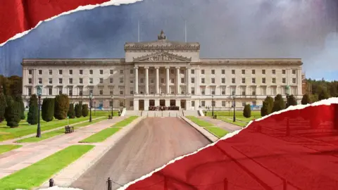 BBC Stormont parliament buildings on a sunny day, a large white building pictured against a grey sky with red graphic overlay