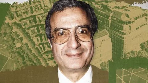 Shutterstock A photo of Ali Fayed with a sepia tone, taken several decades ago. He is smiling and wearing large tinted glasses. Behind is a treated image in green of Park Lane which takes in some of the greenery of Hyde Park.