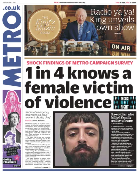 The headline on the front page of the Metro reads: "1 in 4 knows a female victim of violence."
