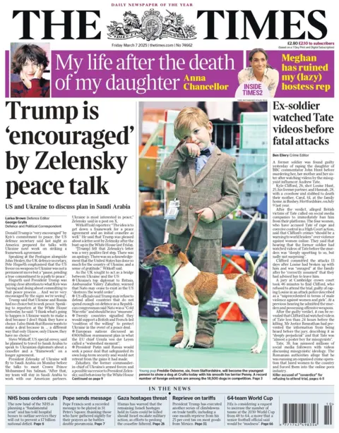 The headline on the front page of the Times reads: "Trump is 'encouraged' by Zelensky peace talk."