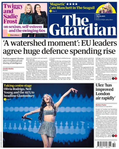 The headline on the front page of the Guardian reads: "'A watershed moment': EU leaders agree huge defence spending rise."