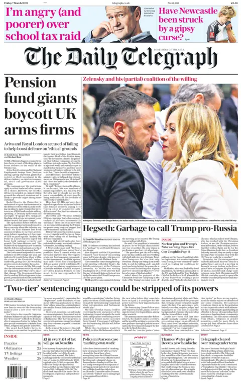 The headline on the front page of the Daily Telegraph reads: "Pension fund giants boycott UK arms firms."