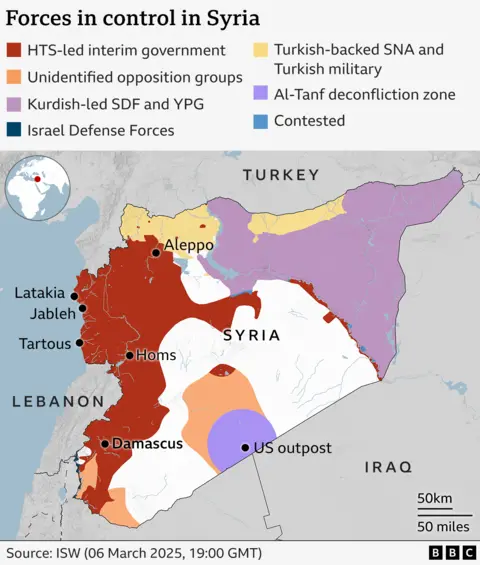 A map shows the divide of forces in control of Syria