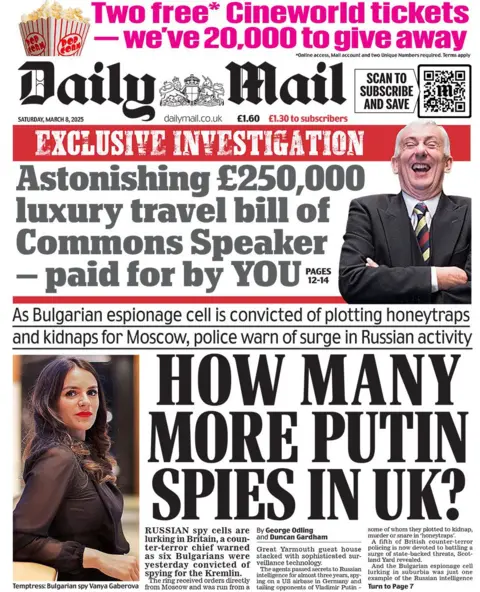 Daily Mail headline reads: How many more Putin spies in UK?