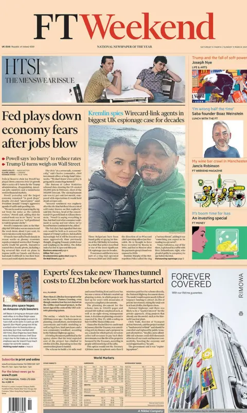 Financial Times weekend headline reads: Fed plays down economy fears after jobs blow