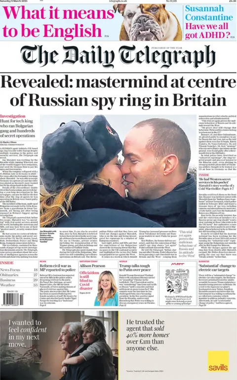 Daily Telegraph headline reads: Revealed: Mastermind at centre of Russian spy ring in Britain