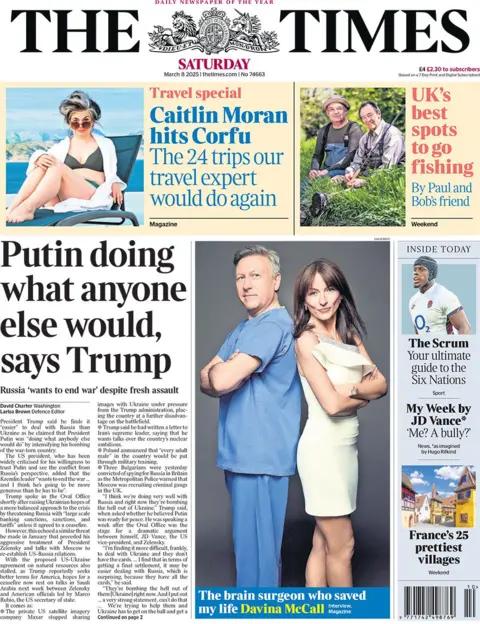 The Times headline reads: Putin doing what anyone else would, says Trump