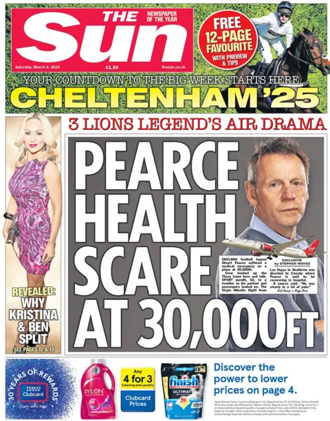 The Sun's headline reads: Pearce health scare at 30,000ft