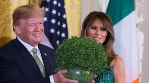Getty Images Donald Trump and his wife Melania Trump posing with a bowl of shamrock at the White House in 2018. Trump is wearing a navy suit, white shirt and green tie and Mrs Trump is wearing a green animal print dress. The Irish and US flags are behind the couple.