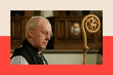 Reuters Justin Welby prepares to lay down his pastoral staff on the altar at the chapel in Lambeth Palace