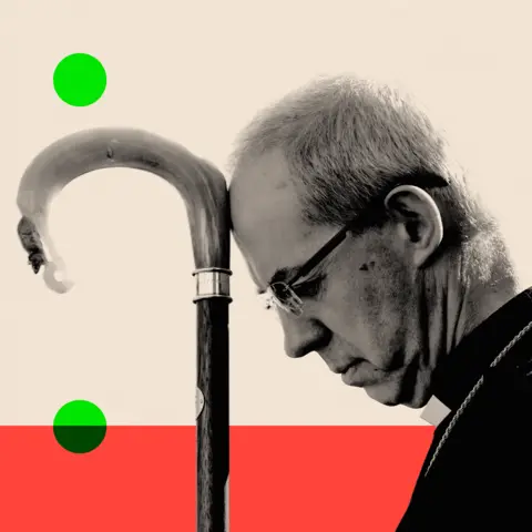 BBC A treated image of Justin Welby as he listens to a service