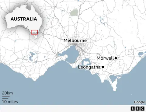 Map of the state of Victoria in southeast Australia, showing the location of Melbourne, Leongatha and Morwell.