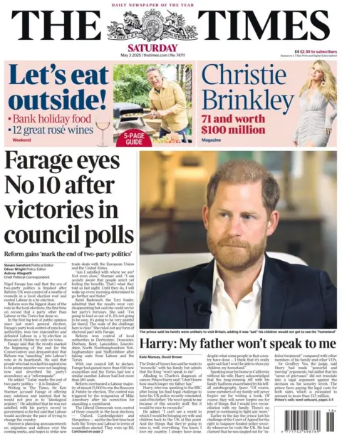 The headline in The Times reads: Farage eyes No 10 after victories in council polls