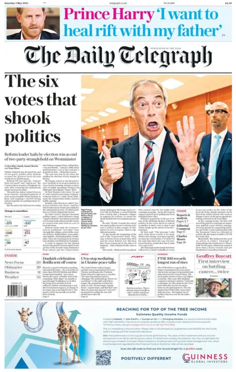 The headline in The Daily Telegraph reads: The six votes that shook politics