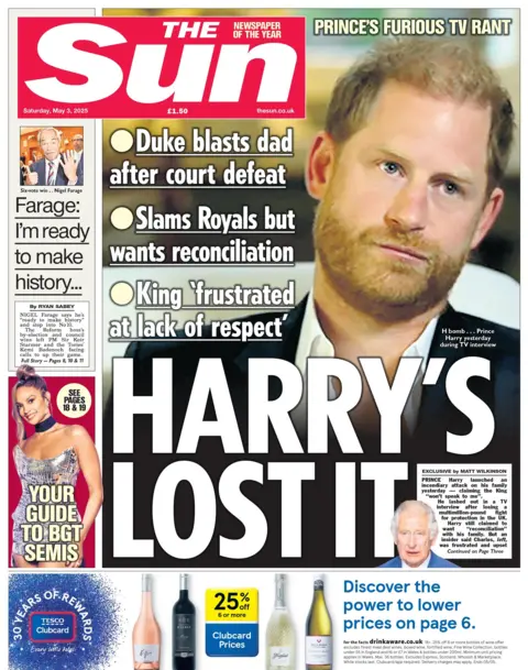 The headline in the Sun reads: Harry's lost it