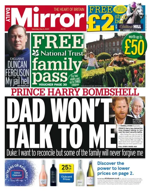 The headline in the Daily Mirror reads: Dad won't talk to me