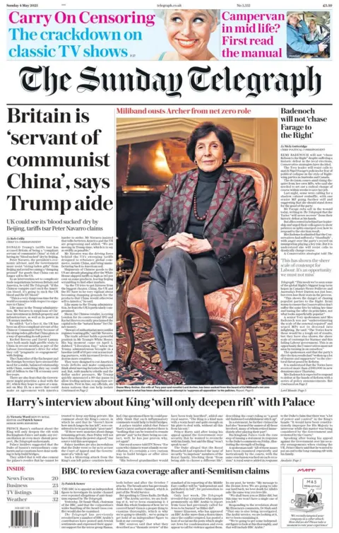 The headline in the Sunday Telegraph reads: Britain is 'servant of communist China', says Trump aide