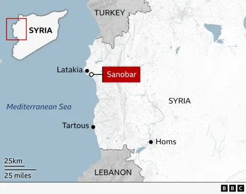 Map showing the location of Sanobar in northern Syria