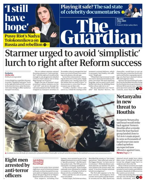 The headline in the Guardian reads: Starmer urged to avoid 'simplistic lurch to right after Reform success