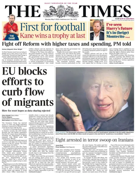The headline in the Times reads: EU blocks efforts to curb flow of migrants