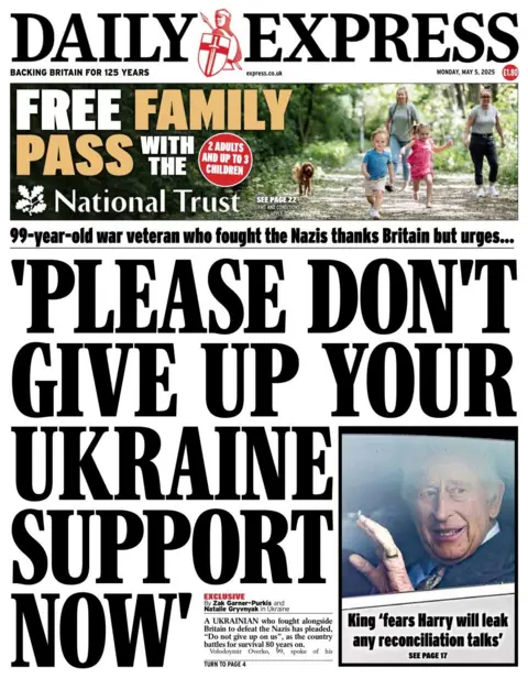 The headline in the Daily Express reads: 'Please don't give up your Ukraine support now'