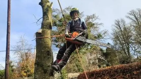 Letisha Conn A person is in the middle of a tree. They are attached to the tree with ropes. They are also wearing protective clothing. The sky behind the tree is bright blue with white clouds. There are more trees in the background. There is 3 electric cables behind the tree. She is smiling at the camera.