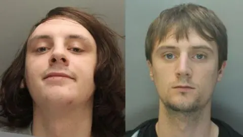 Merseyside Police Police mugshots of James Foy, who has shoulder length brown hair and smirks at the camera, and Michael Foy, who has brown hair, stubble, and looks into the camera with a blank expression.