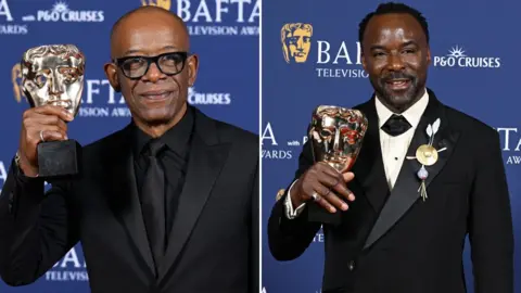 Getty Images Lennie James and Ariyon Bakare pose with their awards inside the Winners Room at the 2025 BAFTA Television Awards with P&O Cruises at The Royal Festival Hall on May 11, 2025 in London, England