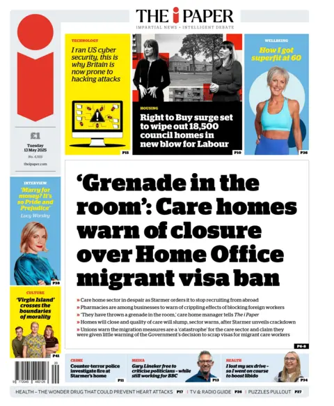 The headline of the i Newspaper reads: "'Grenade in the room': Care homes warn of closure over Home Office migrant visa ban."