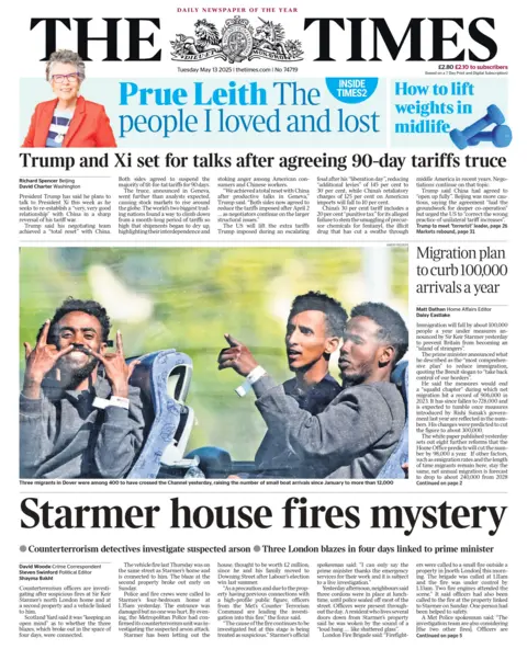 The headline of The Times reads: "Starmer house fires mystery."