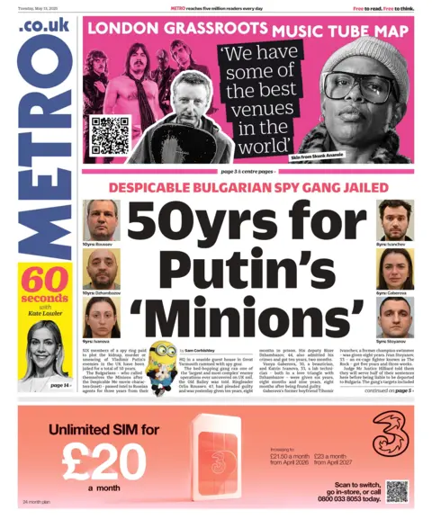 The headline of the Metro newspaper reads: "50yrs for Putin's 'Minions'."