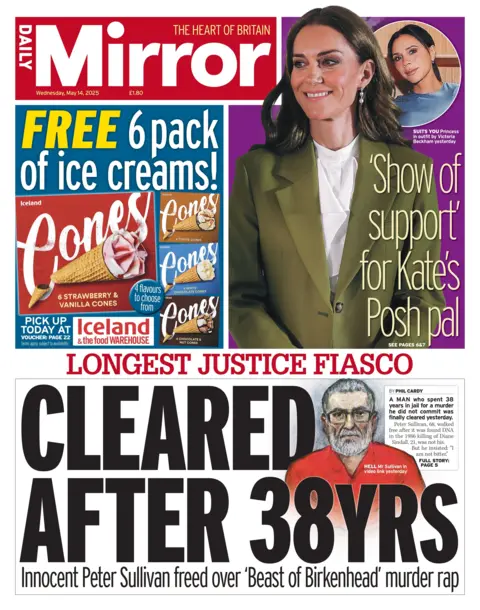 The headline on the front page of the Daily Mirror reads: "Cleared after 38yrs".