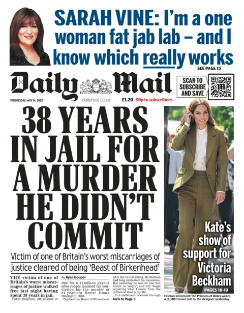 The headline on the front page of the Daily Mail reads: "38 years in jail for a murder he didn't commit".