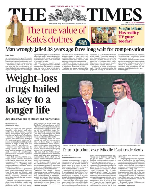 The headline on the front page of The Times reads: "Weight-loss drugs hailed as key to a longer life". 