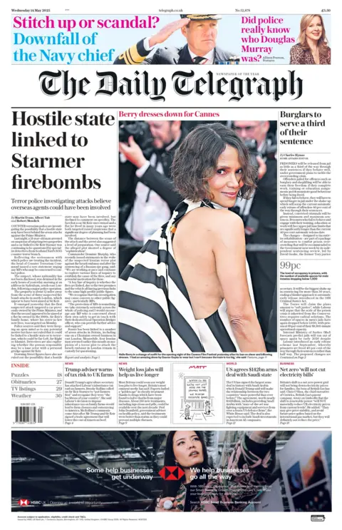 The headline on the front page of The Daily Telegraph reads: "Hostile state linked to Starmer firebombs".