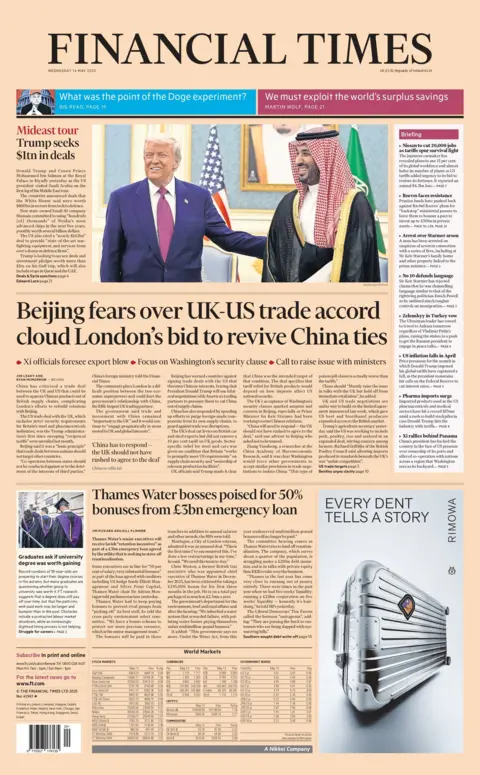 The headline on the front page of the Financial Times reads: "Beijing fears over UK-US trade accord cloud London's bid to revive China ties". 