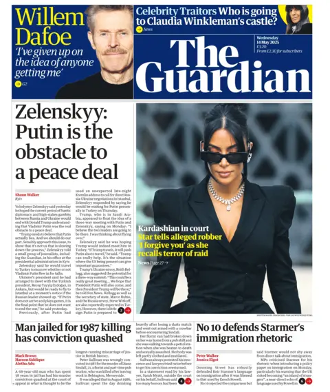 The headline on the front page of The Guardian reads: "Zelenskyy: Putin is the obstacle to a peace deal".