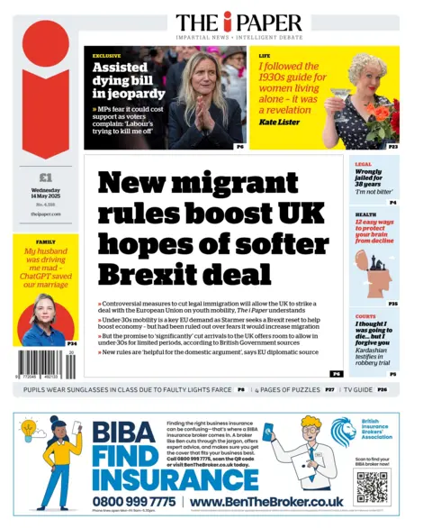 The headline on the front page of The i reads: "New migrant rules boost UK hopes of softer Brexit deal".