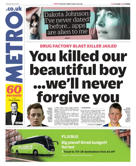 The headline on the front page of Metro reads: "You killed our beautiful boy... we'll never forgive you".