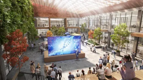Pioneer Group A computer generated image shows a large open indoor space with people gathered on tiered seats. A person is pointing at a big screen with a picture of a double helix on it.