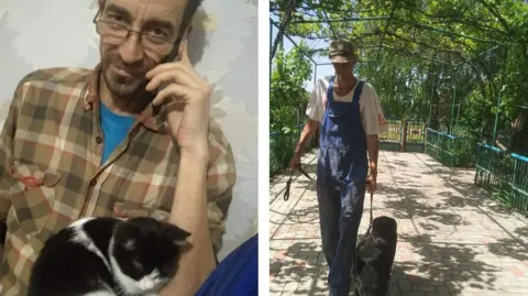 FAMILY ARCHIVE Two photos - one shows Sergei sitting down with a black and white cat on his lap, and the other shows him walking in the garden with a black dog.  