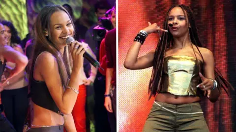 Getty / PA Media Composite image of a young woman performing. In the left photo she is wearing a black crop top, chain waist belt and grey trousers, holding a microphone to her mouth and smiling.
In the right photo she is wearing green trousers, a chain belt and a gold cropped top.