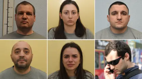 Metropolitan Police handout and social media Clockwise from top left: Orlin Roussev, Katrin Ivanova, Ivan Stoyanov, Biser Dzhambazov, Vanya Gaberova and Tihomir Ivanchev