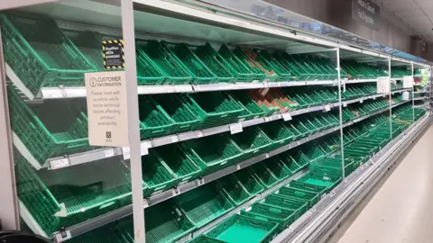 Radio Skye Empty green plastic boxes for fresh produce in chilled cabinets.