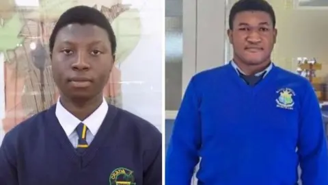 Handout Composite image of two, dark haired schoolboys, both wearing school uniforms - blue jumpers and shirts, with navy ties.