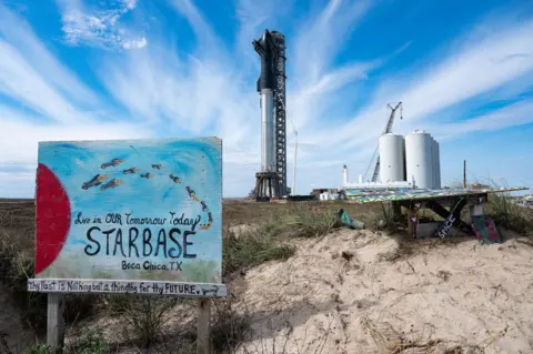 Getty Images A sign that says "Live in our tomorrow today: Starbase, Boca Chica, TX" in front of a sand dune and a rocket launch facility in the distance.